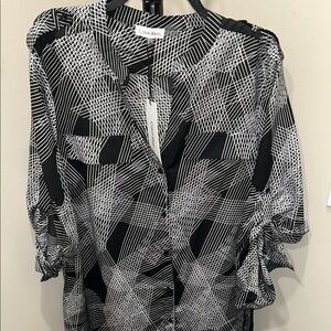 Calvin Klein Black and White Graphic Blouse with Mandarin Collar